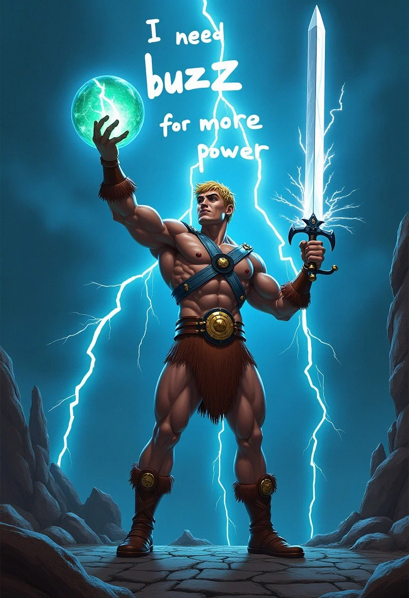 the lightning bolts in the sky form words that say "I need buzz for more power", lightning bolts falling on he-man and emanating white light with rays through his body,night background,black eyes,thick eyebrows,he-man,sword,power sword,lightning,1boy,muscular male,dark skin male,blonde hair, short hair,huge muscular body,he-man dressed in a metal battle harness and a leather loincloth and brown boots and golden munequeras, standing on a stone floor and behind him is Castle Grayskull while he raises with his right hand the power sword while a lightning bolt falls on the sword from the sky, cloudy sky, masters of the universe, castle, castle grayskull, words in the sky written with lightning bolts that say "I need buzz for more power", powerful,In his left hand a transparent green ball with a lightning bolt inside it, green sphere