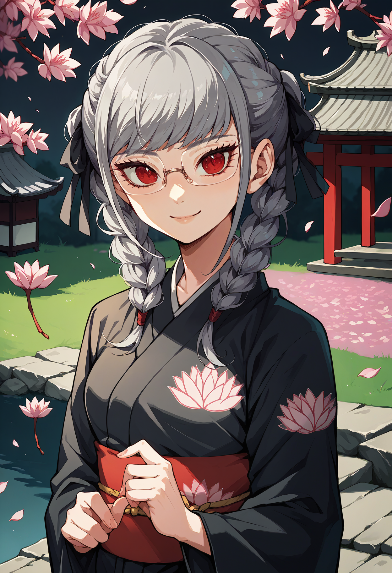 score_9, score_7_up, source_anime, 1girl, looking at viewer, smile, cute, <lora:PekoDR-pdxl:1> defPeko, grey hair, twin braids, hair ribbon, black ribbon, red eyes, glasses, black kimono, lotus print, east asian architecture, outdoors, cherry blossoms