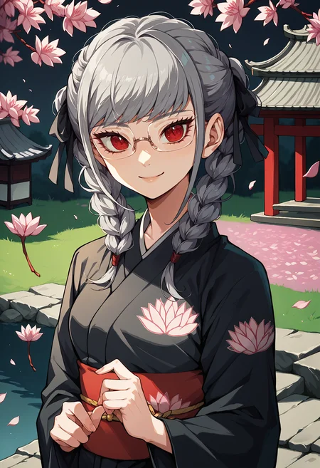 score_9, score_7_up, source_anime, 1girl, looking at viewer, smile, cute, <lora:PekoDR-pdxl:1> defPeko, grey hair, twin braids, hair ribbon, black ribbon, red eyes, glasses, black kimono, lotus print, east asian architecture, outdoors, cherry blossoms