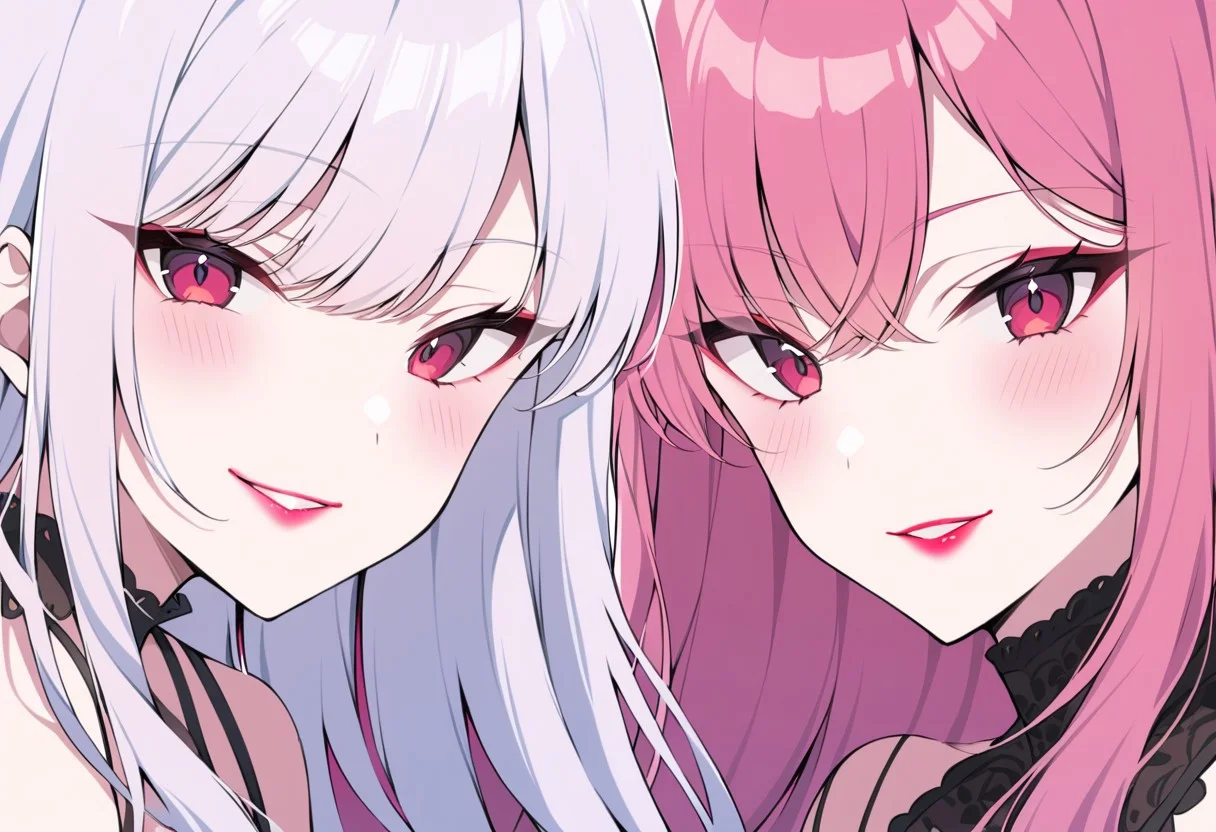 anime, two girls, adult, close up, lipstick, pink lipstick, red lipstick, eye shadow, nail polish, lip gloss, long hair, sexy smile