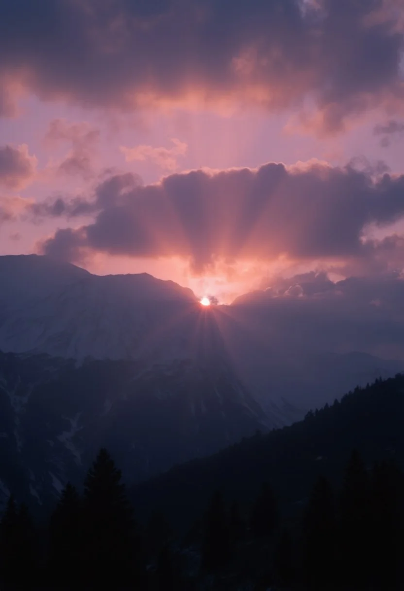 Dreamy Landscape By night, Long exposure mountains, translucent billowing clouds throwing a moody bleaked pink/orange sunlight