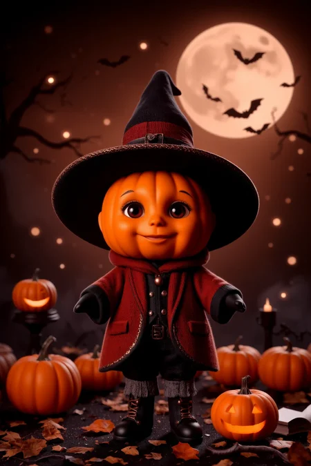(pretty beautiful cute little pumpkin), color magician clothes, gloves, (Halloween pumpkins, jack-o-lantern) halloween night, horror, (bats), moon in the sky, portrait, (standing:1.2), happy smiling, red eyes,(very detailed), best quality, sharp focus, old magic books, halloween_atmosphere, halloween_backgrounds, halloween_creatures, halloween_props_decorations, halloween_styles, halloween_weather, halloween_lighting, ethereal lights, backlight, shadows, high contrast, hdr, <lora:Anti-Blur:0.8> <lora:Hand v2:0.8> Detailed hand, Hand, Perfect hand <lora:PinkieChibiHalloweenFLUX:0.8> pinkchibihalloween <lora:aidmaImageUpgrader:0.8> aidmaimageupgrader