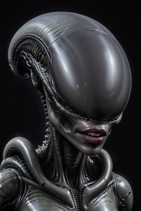 portrait of female xenomorph, dark background <lora:female_xenomorph_xenowaifu_sdxl:0.9> frontal view, black skin, hard light, dark shadows, smirking, lips, reflective wet head