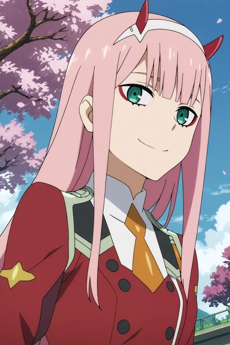 zero two,1girl,solo,long hair,horns,green eyes,smile,bangs,looking_at_viewer, orange necktie,red jacket,short necktie,white gloves,eyeshadow,makeup BREAK outdoors,blue sky,cloudy_sky,cherry_blossoms <lora:Zero_Two_-_Darling_in_the_franxx.safetensors:0.8> <lora:detailed_backgrounds_v2.safetensors:0.5>