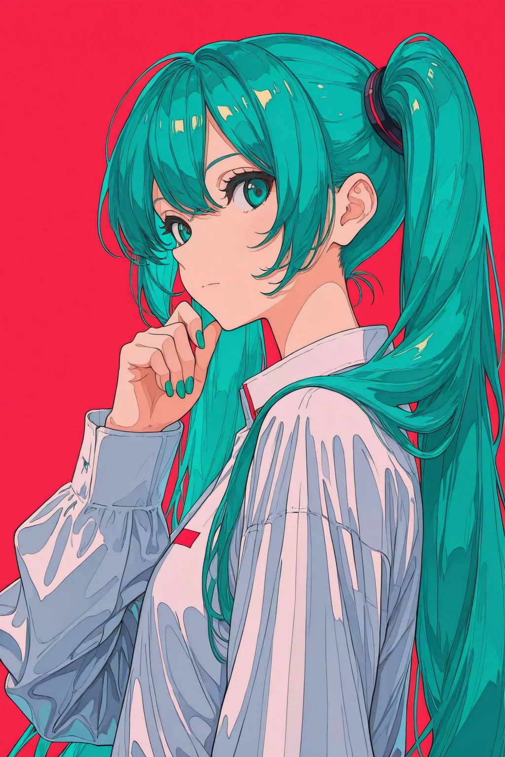 1girl,solo,long hair,hatsune miku,looking at viewer,nail polish,upper body,aqua nails,twintails,red background,bangs,aqua hair,long sleeves,aqua eyes,green nails,from side,shirt,closed mouth,hand up,
<lora:jiaocha_illustriousXL:1.2>,