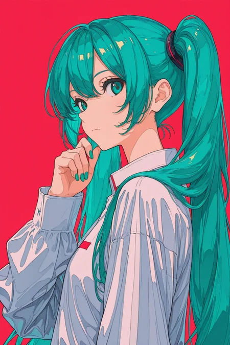 1girl,solo,long hair,hatsune miku,looking at viewer,nail polish,upper body,aqua nails,twintails,red background,bangs,aqua hair,long sleeves,aqua eyes,green nails,from side,shirt,closed mouth,hand up,
<lora:jiaocha_illustriousXL:1.2>,