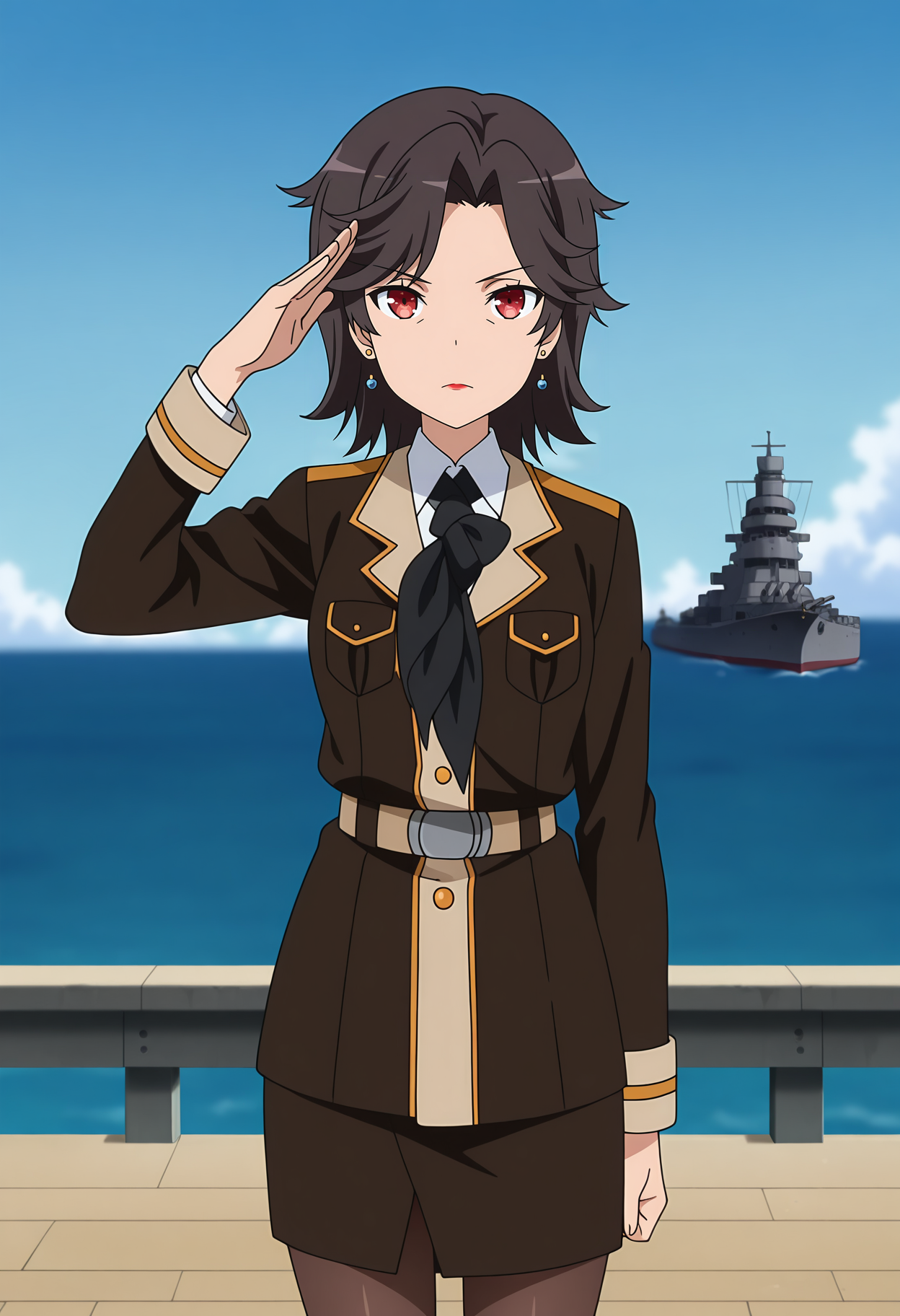 anime screencap, masterpiece, best quality,
<lora:HighSchoolFleet_MunetaniMayuki_IlluXL:0.9>,
1girl, solo, serious,
parted bangs, short hair, black hair, red eyes, earrings, lipstick,
naval uniform, brown jacket, collared shirt, white shirt, black necktie, long sleeves, breast pocket,
brown belt, pencil skirt, brown skirt, brown pantyhose,
salute, standing, looking at viewer, cowboy shot, legs,
horizon, dock, outdoors, battleship, warship, blue sky, blurry background
