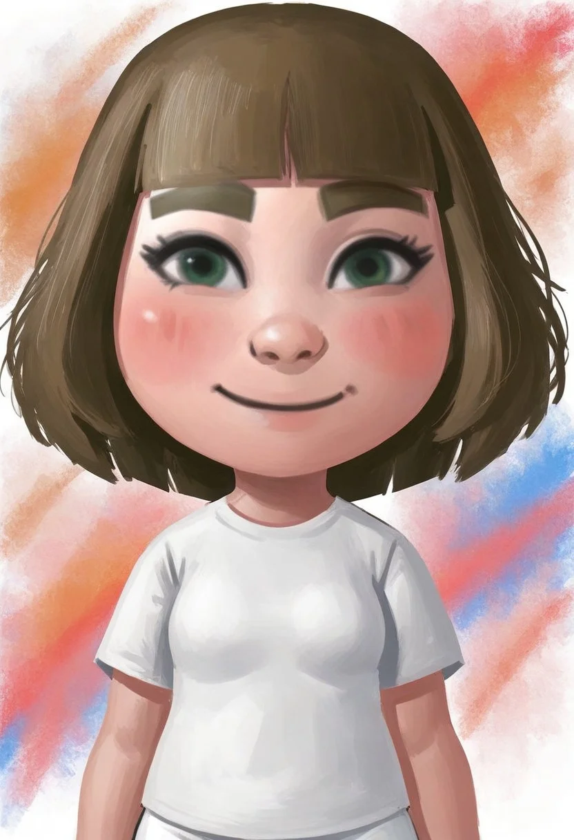 score_9, score_8_up, score_7_up, rating_safe,
cryb0rg, colorful, abstract,
small nose, blush, white pants, smile, white skin, green-ish brown hair, sneakers, green eyes, female mii, fringe, mii, cute, brown eyebrows, long hair, small breasts, wii u, 1girl, white clothing, Millie_(\Wii_Sports_Club\)