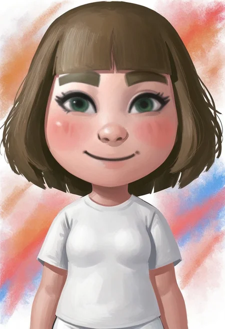 score_9, score_8_up, score_7_up, rating_safe,
cryb0rg, colorful, abstract,
small nose, blush, white pants, smile, white skin, green-ish brown hair, sneakers, green eyes, female mii, fringe, mii, cute, brown eyebrows, long hair, small breasts, wii u, 1girl, white clothing, Millie_(\Wii_Sports_Club\)