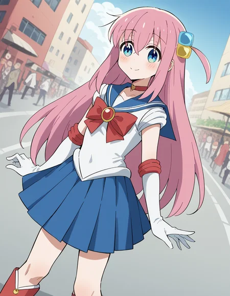 score_9, score_8_up, score_7_up, source_anime, hitorigotou, <lora:hitori-gotou-s1-ponyxl-lora-nochekaiser:1>, hitori gotou, blue eyes, cube hair ornament, hair between eyes, hair ornament, pink hair, one side up, long hair, <lora:sailor-moon-cosplay-ponyxl-lora-nochekaiser:1>, sailormooncosplay, sailor moon \(cosplay\), back bow, blue sailor collar, blue skirt, boots, bow, brooch, choker, crescent moon, elbow gloves, gloves, jewelry, knee boots, magical girl, pleated skirt, red bow, red choker, ribbon, sailor collar, sailor senshi uniform, skirt, white gloves,,, outdoors, streets, smile, blush,, cowboy shot, dutch angle, solo,