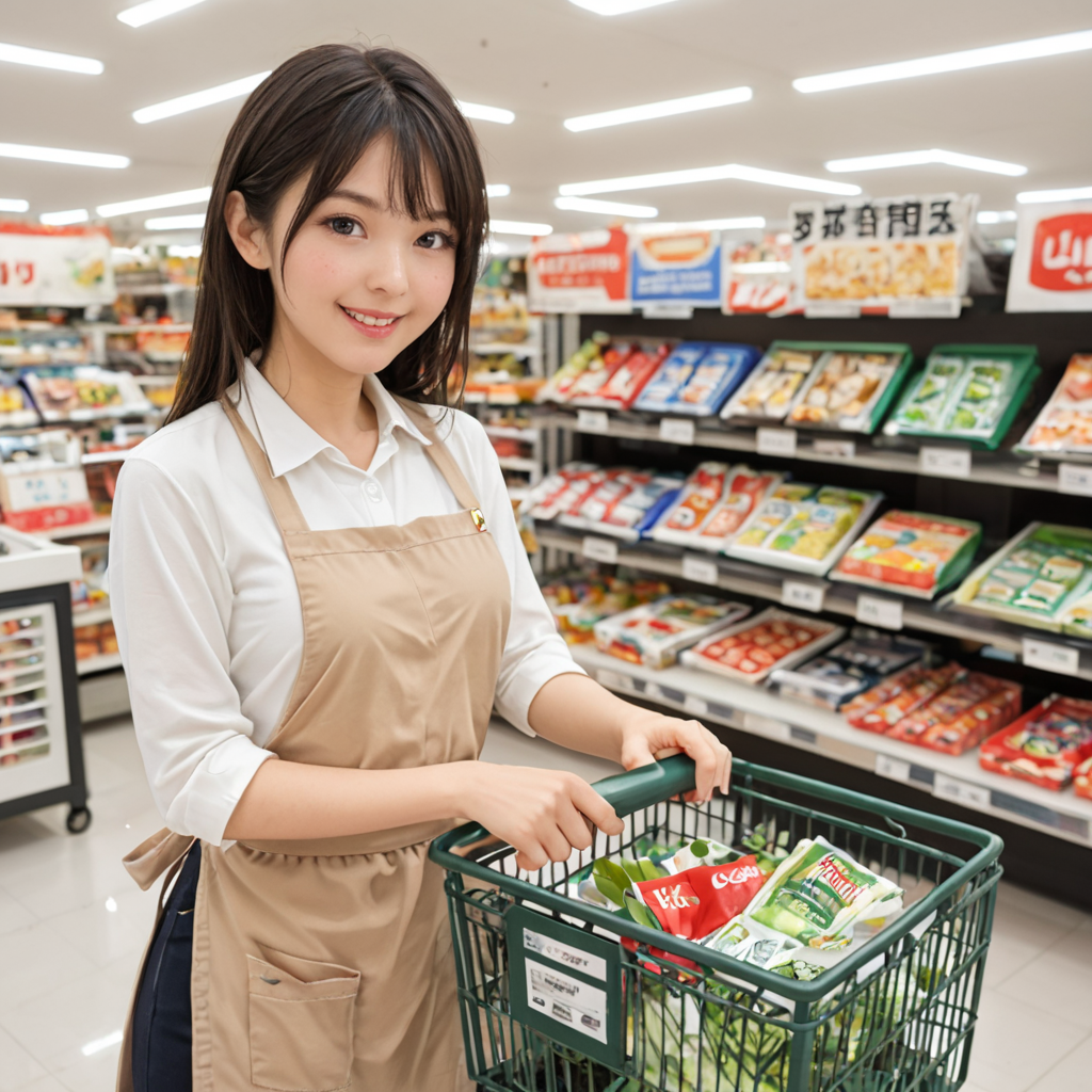 20yo, score_9, score_8_up, score_7_up, shiny oild skin, lookin at viewer, 
supermark3tca5hier, apron, white shirt, Supermarket, Shopping cart, supermarket cashier, smile, cash register machine, 
 <lora:Supermarket_Cashier:0.95>