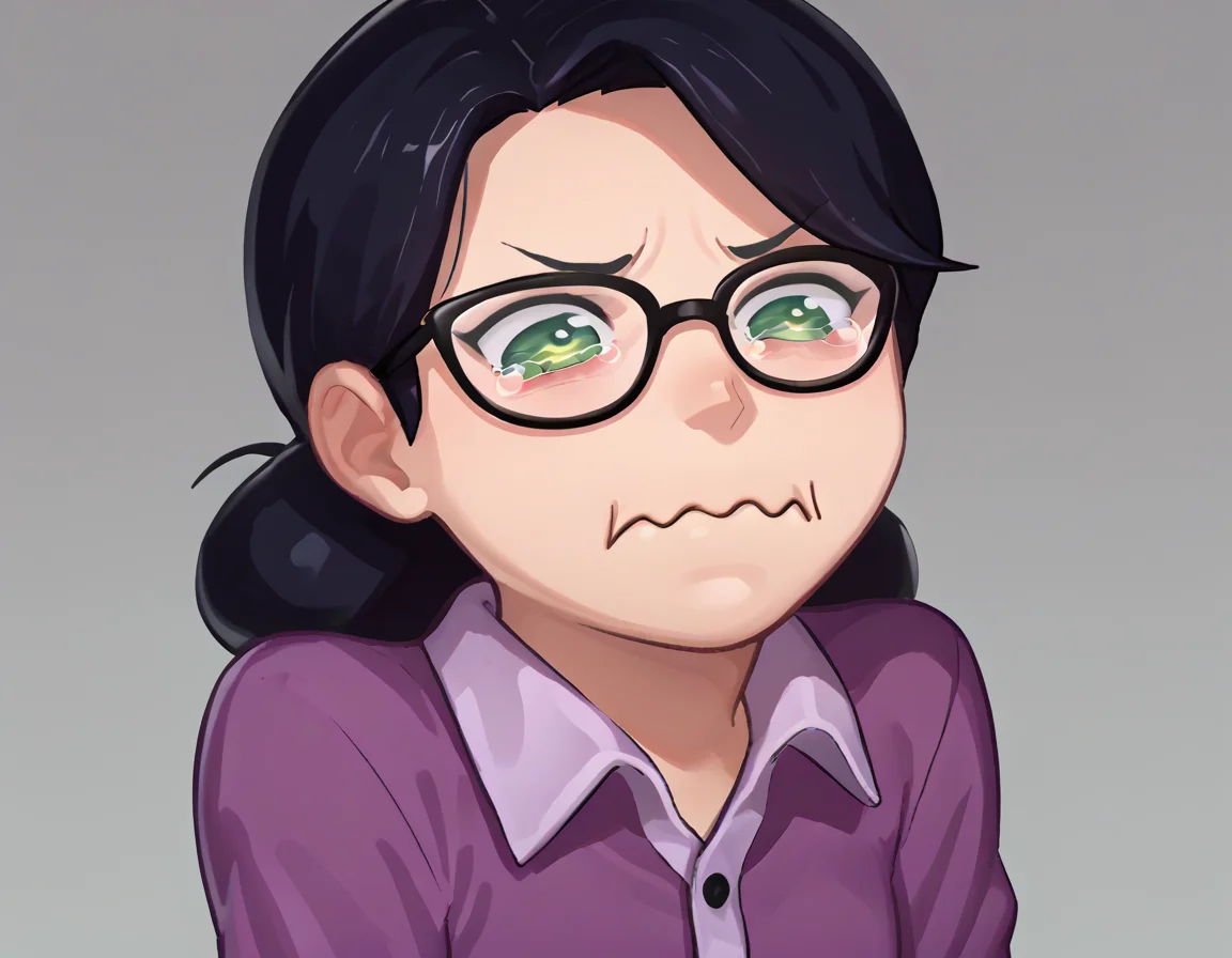 score_9, score_8_up, score_7_up, source_anime, solo, 1girl, mspauling, aquacrying, wavy mouth, closed mouth, tearing up, black hair, glasses, purple shirt, buttoned shirt <lora:concept_aquacrying_ponyXL:1> <lora:mspauling-pdxl-nvwls-v1:1>