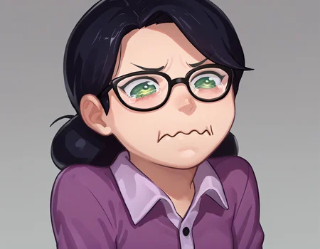 score_9, score_8_up, score_7_up, source_anime, solo, 1girl, mspauling, aquacrying, wavy mouth, closed mouth, tearing up, black hair, glasses, purple shirt, buttoned shirt <lora:concept_aquacrying_ponyXL:1> <lora:mspauling-pdxl-nvwls-v1:1>
