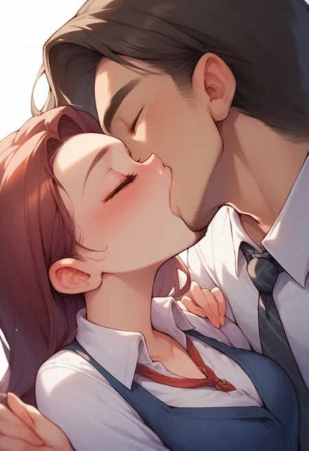 score_9,score_8_up, score_7_up, source_anime, 1girl, 1boy, intense kiss, deep kiss, kiss, collared shirt, stockings, pencil skirt, office lady, office boss, close up, dutch angle, from above, above view