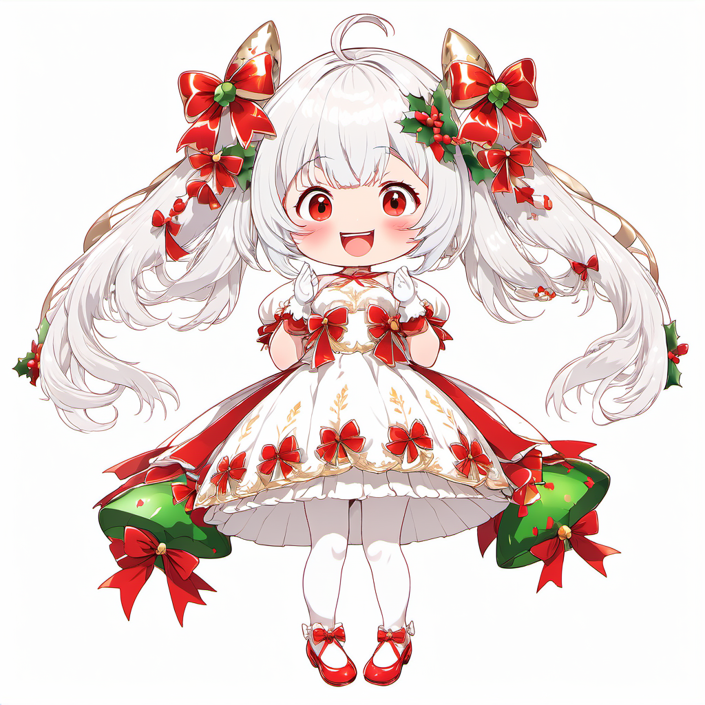 <lora:chibi_anime:1>1girl, solo, dress, short hair, full body, white hair, bangs, red nails, white dress, pantyhose, smile, bow, blunt bangs, open mouth, red footwear, puffy sleeves, white pantyhose, white background, standing, standing on one leg, red bow, christmas, skirt hold, nail polish, flower, looking at viewer, hair ornament, bob cut, closed eyes, merry christmas