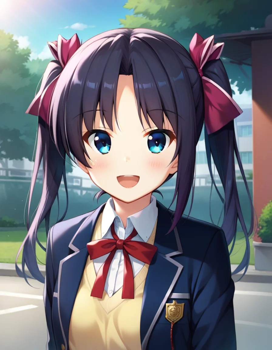 score_9,score_8_up,score_7_up,score_6_up BREAK official art,solo,outdoors,upper body,(portrait:1.5),looking at viewer,facing viewer,smile,blush,Otonashi Kushina,long hair,black hair,twintails,hair ribbon,hair bow,hair intakes,parted bangs,blue eyes,open mouth,:d,school uniform,blazer,black jacket,wing collar,yellow sweater vest,collared shirt,white shirt,neck ribbon,red ribbon,long sleeves,small breasts,miniskirt,green skirt,plaid skirt,pleated skirt,zettai ryouiki,white thighhighs,loafers,<lora:Otonashi Kushina(ls)-Pony:1.3>,