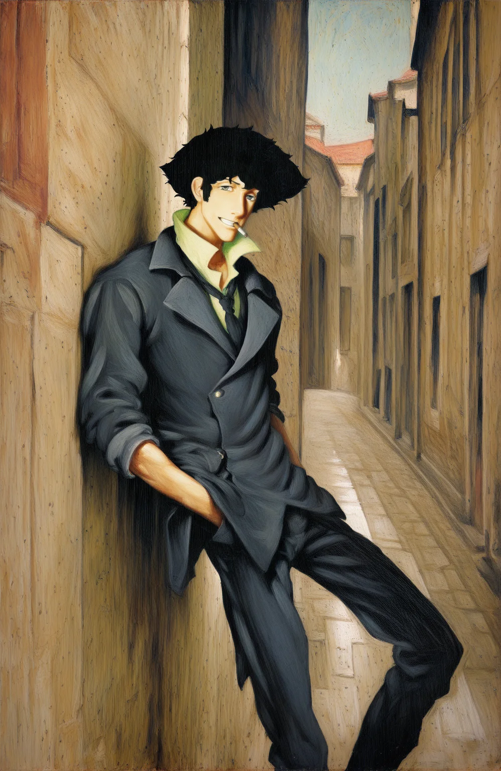 artist: sargent, painting \(medium\), oil painting \(medium\), traditional media,
leaning on wall, solo, male focus, 1boy, spike spiegel, jacket, lapels, collared shirt, loose necktie, cigarette, formal clothes, grin, open collar, street, town, hands in pockets,
<lora:John Sargent Illustrious 0.1-step00000630:0.8>