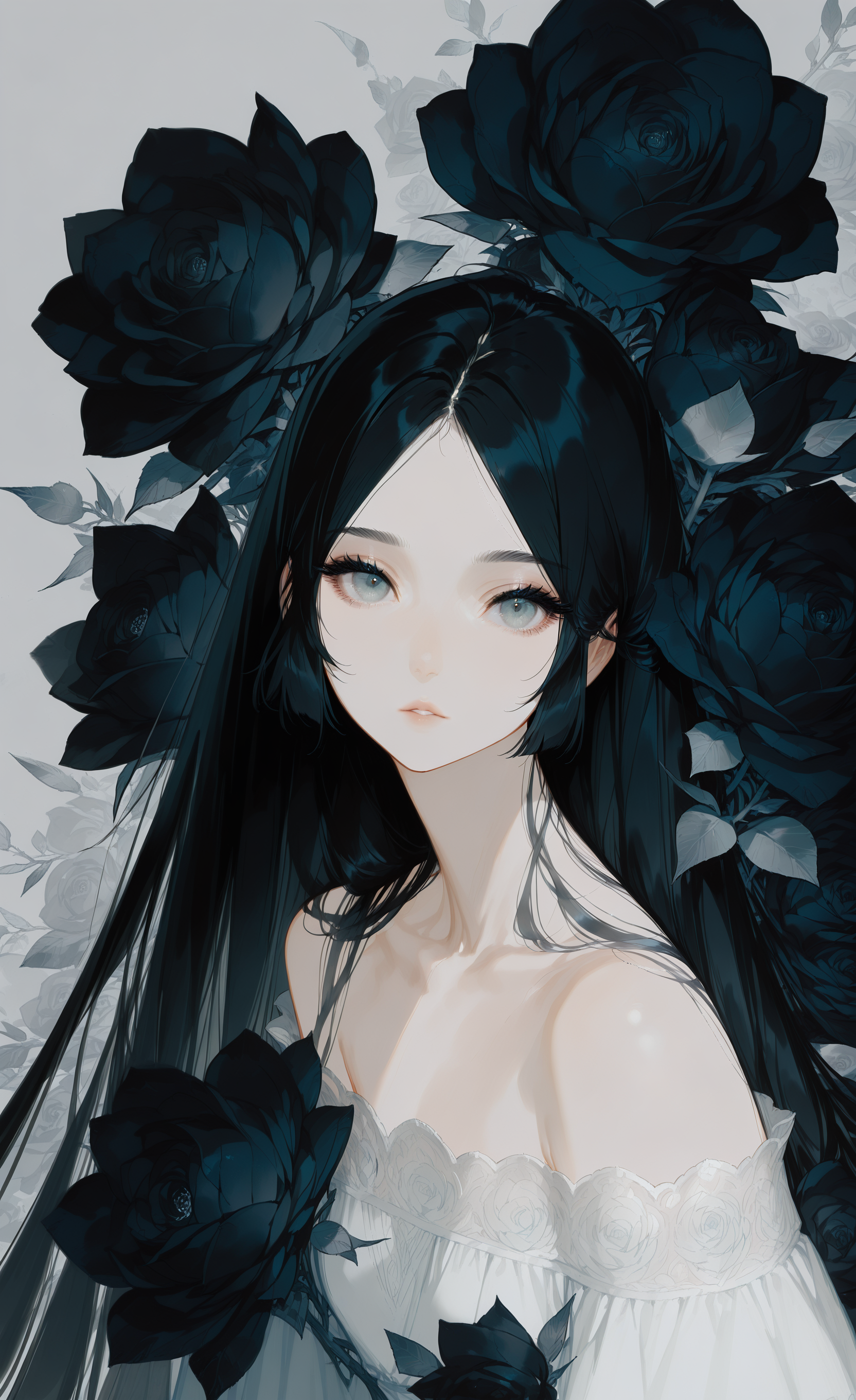 masterpiece, best quality, good quality, very aesthetic, absurdres, newest, 1girl, solo, long hair, black hair, dress, collarbone, upper body, flower, short_sleeves, parted lips, grey background, white dress, off_shoulder, parted_bangs, grey eyes, expressionless, rose, off-shoulder dress, black flower, black rose, looking_at_viewer, <lora:ponyv5_noobE11_1_adamW-000013:1> <lora:zzziGnXL_il_lokr_V531:0.7> <lora:wl-illV1-000017:1>