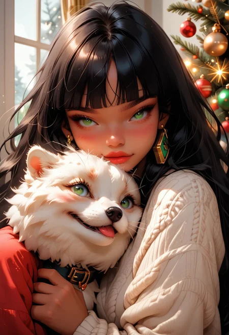 1girl,dark skin, blunt bangs, beautiful, sexy, green eyes, long hair, black hair, jewelry, earrings, bracelets, makeup, christams sweater,looking at white fluffy puppy, medium breasts, horny, flirty, close up,
adoring, loving, <lora:p3tl0v3XLP:1> p3tl0v3, hugging a white fluffy puppy, cute,
interior, sunlight, daylight, christmas decorations, christmas theme, christmas tree, cuteness overload,
score_9,score_8_up,score_7_up,score_6_up,
expressiveH
