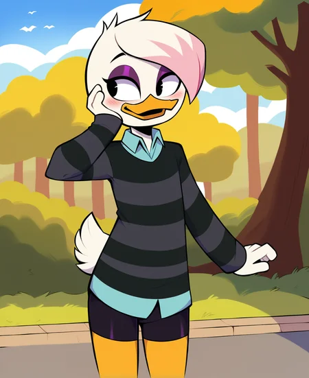 score_9, score_8_up, score_7_up, score_6_up, best quality, highres, source_furry, BREAK
drocll, BREAK
1girl, female, solo, furry, outside, cloud, tree, park, duck, beak, lena sabrewing, young, child, white skin, white hair, pink highlights, short hair, black eyes, looking away, blush, open smile, blush, orange legs, purple eyeshadow, bottomless, dress shirt, dark clothing, striped sweater, long sleeves, hand on own face, bike shorts <lora:Lena_Sabrewing:1>