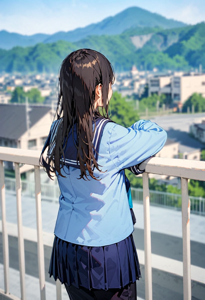 masterpiece, best quality, very aesthetic, absurdres,
okujyou, 1girl, 1boy, outdoors, school uniform, long hair, blurry, black hair, skirt, mountain, serafuku, blurry background, day, railing, gakuran, blue skirt, depth of field, long sleeves, from behind, brown hair, black pants, sky, building, sailor collar, pants, blue shirt, shirt
 <lora:gakkou_okujyou_SDXL_V1:1>