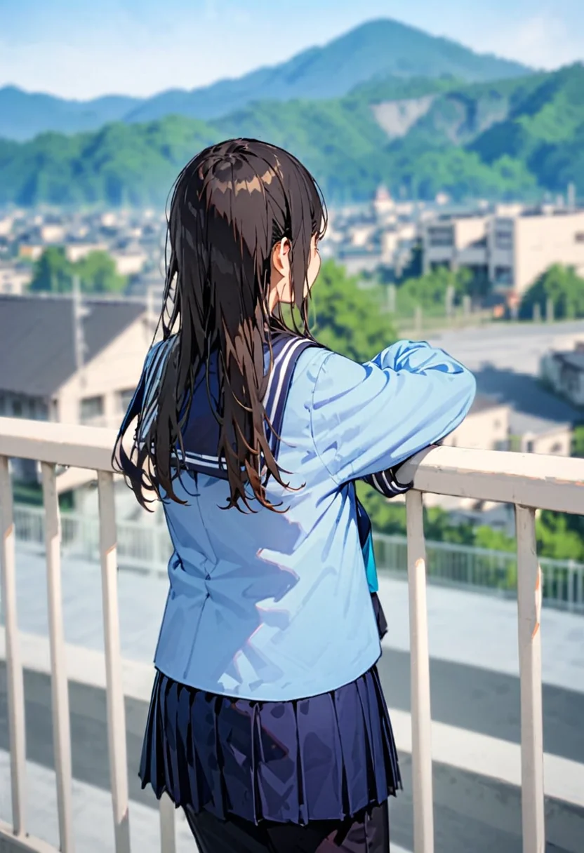 masterpiece, best quality, very aesthetic, absurdres,
okujyou, 1girl, 1boy, outdoors, school uniform, long hair, blurry, black hair, skirt, mountain, serafuku, blurry background, day, railing, gakuran, blue skirt, depth of field, long sleeves, from behind, brown hair, black pants, sky, building, sailor collar, pants, blue shirt, shirt
<lora:gakkou_okujyou_SDXL_V1:1>
