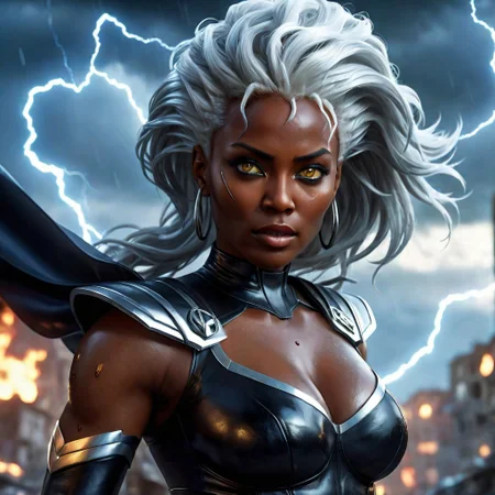 UltUltra detailed digital art masterpiece, Hyperdetailed, hyperrealism, extremely high resolution of Beautiful black Superheroine Ororo Munroe as Storm, Greg Rutkowski style, stands in a bloody, sinister battle in the streets of a ruined city, Realistic brown eyes, wavy grey hair, Intricately designed cool X-Men Superheroine combat costume with X logo, Marvel, X-Men, 8K, deep color, Cinematic Lighting, intricate smooth, sharp focus digital painting, Artgerm, WLOP, Greg Rutkowski, Beautiful 21 years old Ororo Munroe as Storm, Intricately Designed handsome black face, Marvel comics, Realistic combat dirty clothing, perfect whole athletic body, defiant and seductive, Photograph Taken on Nikon D750, Intricate Elegant, Digital Illustration, Scenic, Unreal Engine, CryEngine, Octane Render, 8k, Designed combat clothes, Attractive, Attractive black woman, dramatic lighting, wet and sweaty skin, beautiful firm Breasts, Daylight, Concept art by Greg Rutkowski, adding to the intense and dynamic atmosphere of the scene