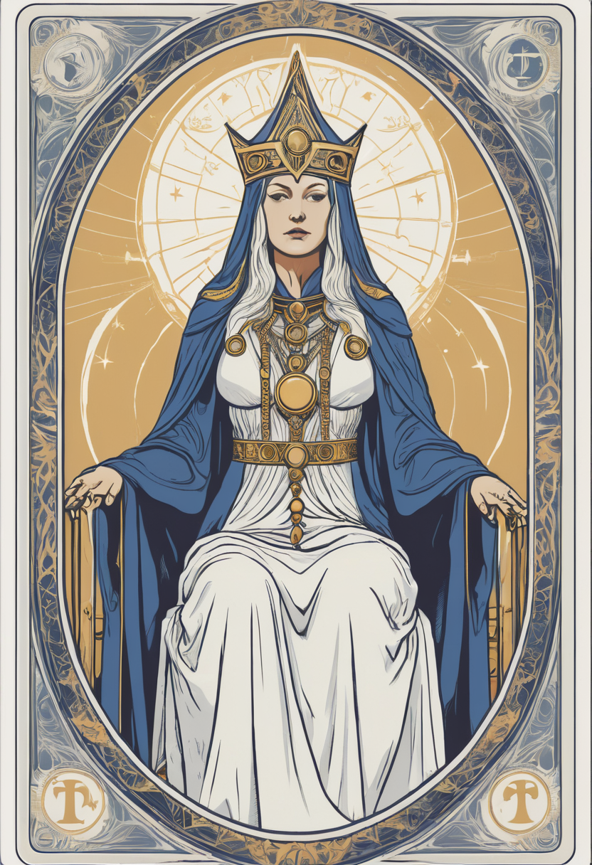 tarot card, the high priestess, front perspective, flat, frame, square, white (outline:1.1)