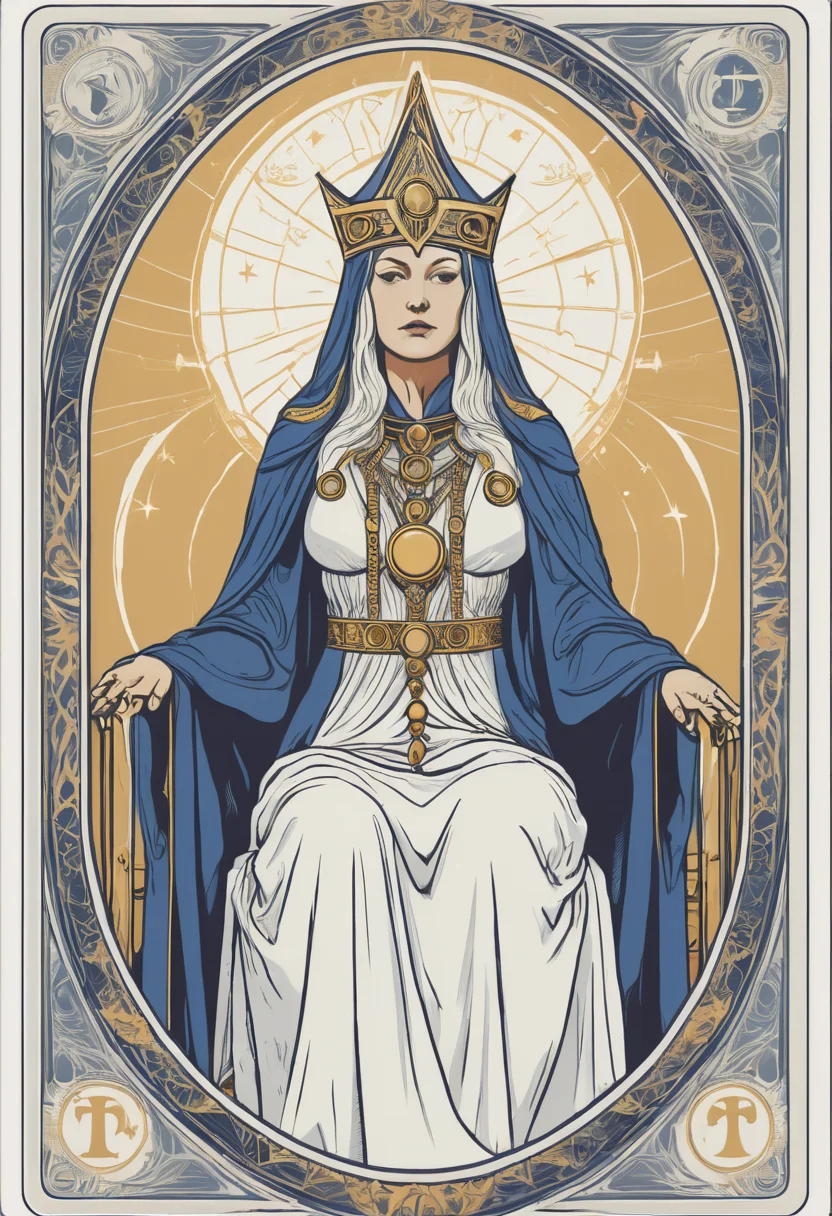 tarot card, the high priestess, front perspective, flat, frame, square, white (outline:1.1)