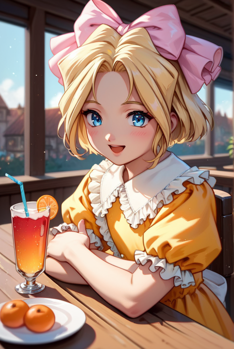 score_9, score_8_up, score_7_up, very aesthetic, source_anime, detailed, high quality, beautiful, masterpiece, detailed eyes,
village, blurry background,
<lora:lightXL:0.8>
cowboy shot, upper body,
restaurant, sitting, smile, closed eyes, open mouth, blush, drink, table,
 <lora:iris_autismConfetti_v01:0.95>flat chest,
irisBase, blonde hair, blue eyes, hair bow, pink bow, short hair, parted bangs,
yellow dress, frills, white puffy sleeves, short sleeves,  layered dress, lace  white socks, orange footwear,, zPDXL