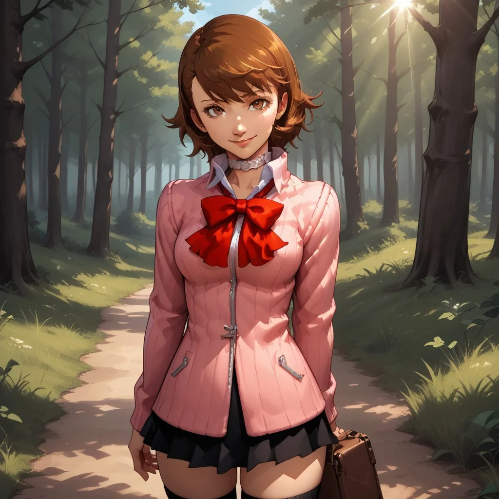 score_9, score_8, BREAK, solo, Yukari_Takeba_(Persona_3), brown hair, white heart choker, pink striped jacket, red bow tie, short black skirt, knee highs, black socks, brown shoes, self portrait, smile, looking at viewer, outdoors, sunlight, shadows, evening lighting, natural lighting, forest, trees, grass, orange sky, sunset