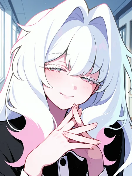 omoyu \(nakyu715\), <lora:CRGhostXL:1> CR_WGC, 1girl, two-tone hair, gradient eyes, very long hair, black shirt, collared shirt, white eyelashes, <lora:cfg_scale_boost:0.5> looking at viewer, hair intakes, smile, <lora:retrocute:1>  <lora:spo_sdxl_10ep_4k-data_lora_webui:0.4>, solo, close-up, half-closed eyes, interlocked fingers, own hands together, fingernails, portrait, vignetting, depth of field, indoors, hallway, <lora:r-hrtdrp:0.4> detailing