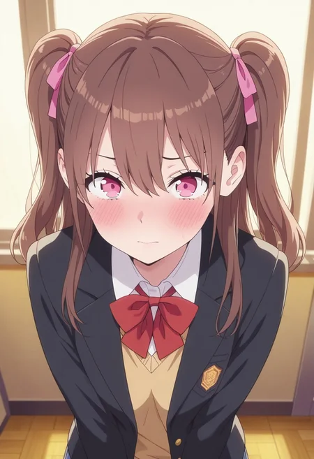 masterpiece,best quality,amazing quality, tachibana mikari, long hair, brown hair, pink eyes, 1girl, solo, school uniform, ribbon, jacket, two side up, indoors, hair ribbon, bow, blush, looking at viewer, blazer