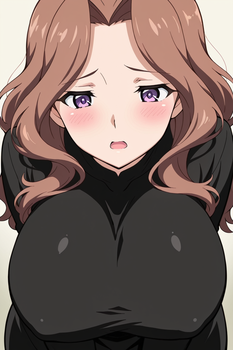 masterpiece, best_quality, 8k, ,source_anime, , , 1girl, , solo, brown hair, , open mouth, , purple eyes, , long hair, blush, breasts, huge breasts, black dress