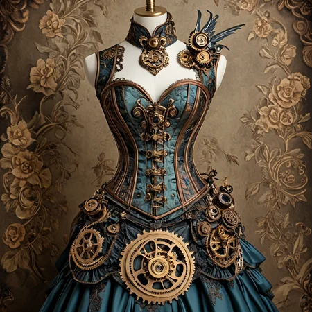 <lora:Rococo_Steampunk_SDXL:1> ArsMJStyle, Rococo Steampunk, corset, gown, mechanical bird, ballroom, steampunk, rococo, gears, woman, solo, ornate design, detailed clothing
