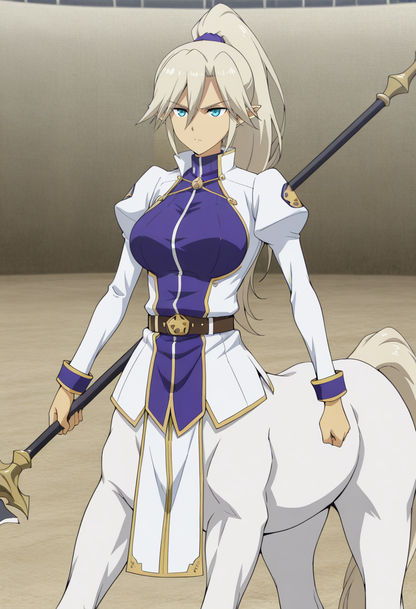 manga style, Dione, 1girl, solo, taur, long hair, hair between eyes, bangs, ponytail, blue eyes, large breasts, pointy ears, horse tail, horse legs, uniform, blue scrunchie, jacket, blue shirt, holding polearm, serious
BREAK
outside, arena
BREAK
<lora:Classroom_for_Heroes_character_pack_Illustrious:1>