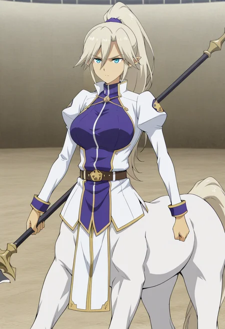 manga style, Dione, 1girl, solo, taur, long hair, hair between eyes, bangs, ponytail, blue eyes, large breasts, pointy ears, horse tail, horse legs, uniform, blue scrunchie, jacket, blue shirt, holding polearm, serious
BREAK
outside, arena
BREAK
<lora:Classroom_for_Heroes_character_pack_Illustrious:1>