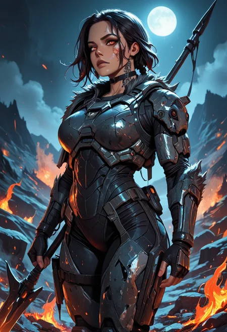 highres, very detailed, amazing quality, masterpiece,
very aesthetic,
particle effect,
1girl, beautiful eyes, looking at viewer, tough girl, slight muscle tone, tan skin, strong face, solo, toned arms, Covered in Tattoos, tattoo, neck tattoos, spartan, spartan armor, ripped pants, holes ripped in pants, fur lined armor, dark braided hair, large breasts, choker, fingerless gloves, holding a spear, spear,
hand on shoulder, armor on fire, parts of armor on fire,
Walking through a burning field, village in a valley, burning village, smoke rising in the background, Silhouette,
on a mountain, at night, nighttime, moonlight, moon rays,