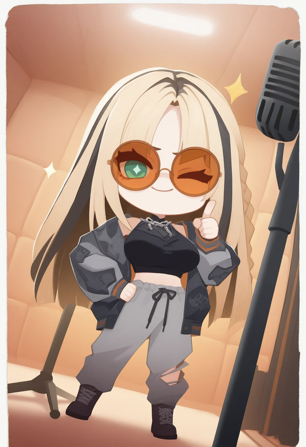 onmyojistyle, chibi, masterpiece, best quality, <break> white border, solo, 1girl, KoganeiDefault, smile, looking at viewer, standing, hand on own hip, index finger raised, pointing up, green eyes, diamond-shaped pupils, one eye closed, multicolored hair, blonde hair, black hair, long hair, side braid, parted bangs, sunglasses, chain necklace, black shirt, sleeveless, covered collarbone, see-through shirt, midriff peek, multicolored jacket, black jacket, print jacket, grey sweatpants, torn pants, lace-up boots, indoors, studio, glass, microphone stand, padded walls, sparkle
<segment:yolo-Anzhc Face seg 640 v2 y8n.pt,0.4,0.5//cid=1>