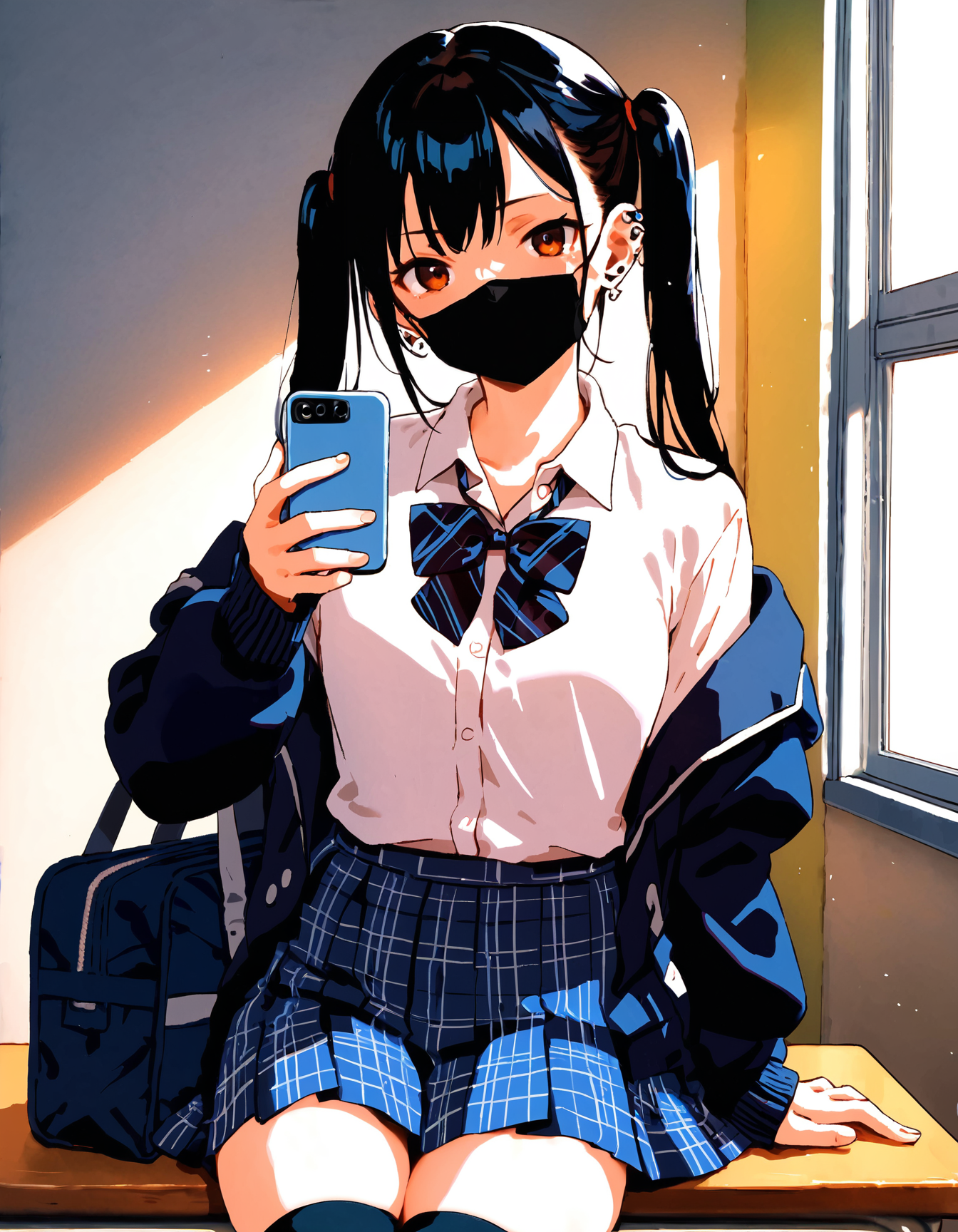 source_anime, score_9, score_6_up, score_5_up, score_4_up, expressiveh, 1girl, twintails, thighhighs, black mouth mask, black hair, school uniform, looking at viewer, plaid bowtie, pleated skirt, long hair, hood, plaid, plaid skirt, solo, phone, piercing, ear piercing, shirt, school bag, long sleeves, zettai ryouiki, hoodie, jacket
<lora:Smooth Anime Style LoRA XL:0.8> <lora:Expressive_H:0.8> <lora:taki_minashika_xl3:0.7> <lora:MeMaXL_V3:0.4>