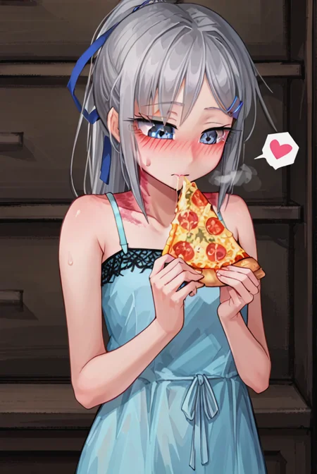 score 9,score 8 up,score 7 up,rating questionable,detailed background,aroused,cinematic lighting,dynamic lighting,uncensored,
,sylvie <lora:sylvie.pony:1>
steaming body,sensual,alluring,sweatdrop,heavy breathing,(spoken heart),silver hair, ponytail,blue ribbon,
blue-dress,sleeveless,
hud_e4ting,holding pizza slice,holding food,<lora:eating_slice_of_pizza:0.6>,closed mouth,
Intimate Portuguese Fado Bar,softly glowing lanterns and flickering candles,saliva,half-closed eyes, looking down,