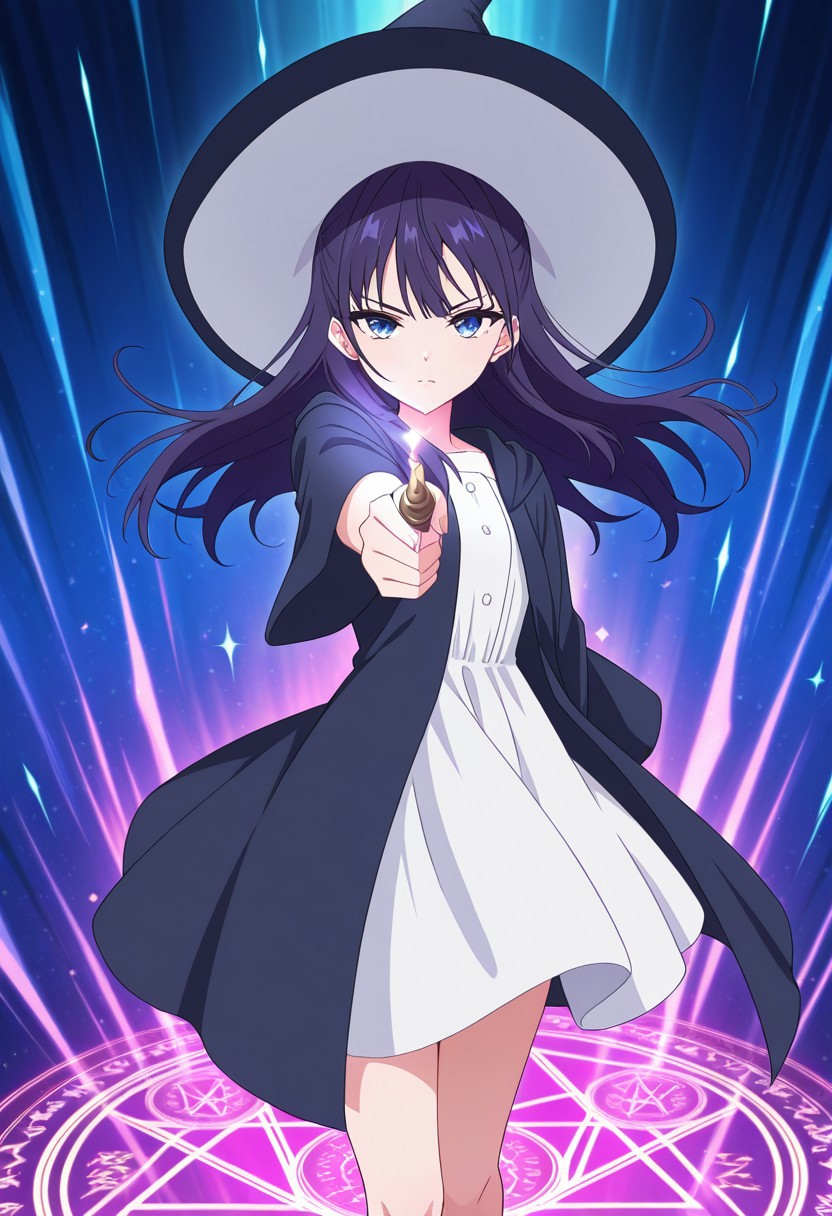 (absurdres, best quality, masterpiece:1.4), amazing quality, highres, newest, detailed, detailed body, detailed face, source anime, anime coloring, beautiful, dynamic background, petite, magic circle, magic spell, unique perspective, 
BREAK
WWNemu, 1girl, solo, serious expression, NemuAniHu, dark purple hair,  blue eyes, witch hat, robe, white inner dress, holding wand, aiming at viewer,