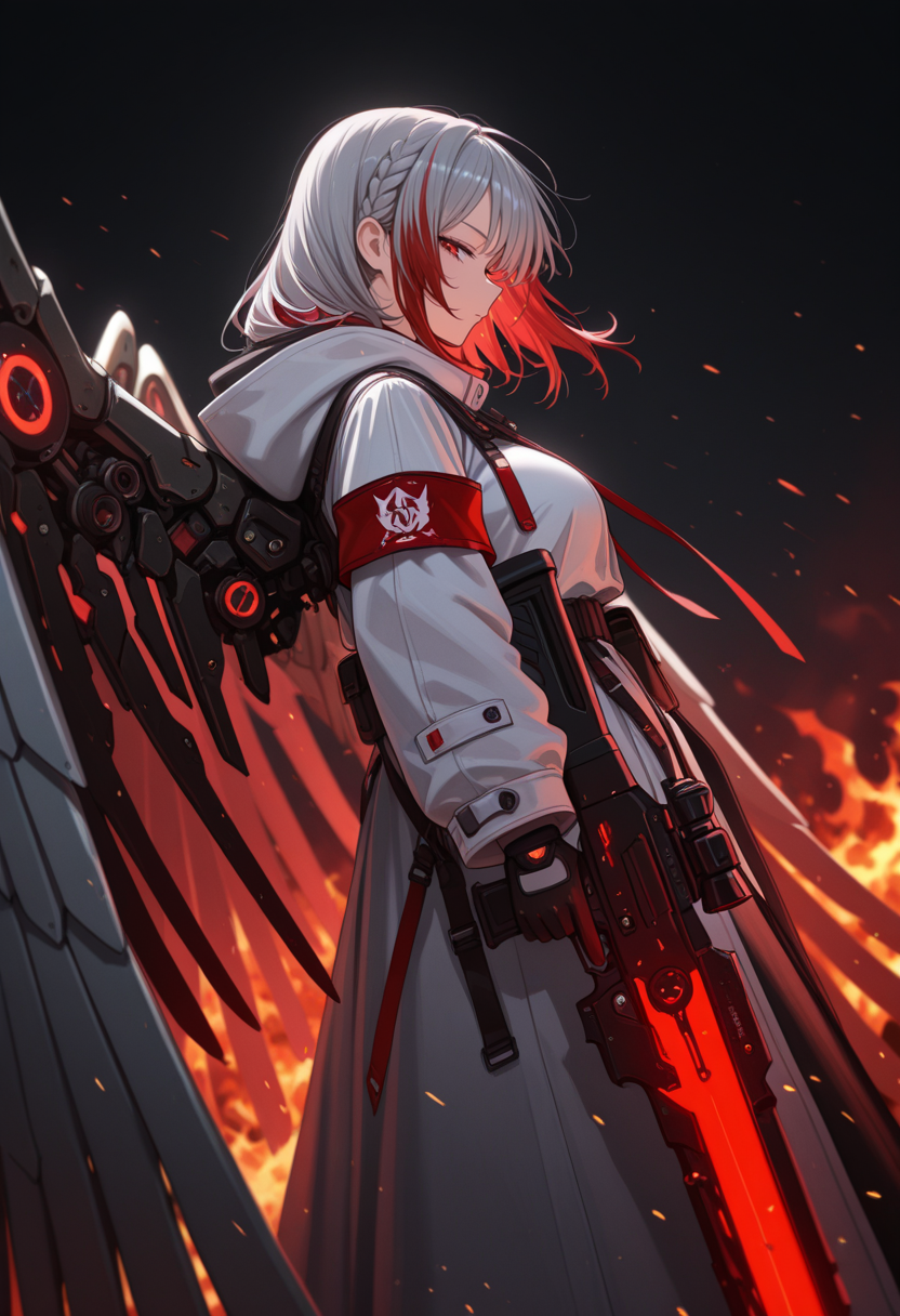 (masterpiece, best quality:1.2), amazing quality, very aesthetic, 32k, absurdres, newest, scenery,  
1girl, solo, looking at viewer, long sleeves, gloves, red eyes, holding, closed mouth, jacket, grey hair, braid, weapon, multicolored hair, red hair, wings, medium hair, hood, holding weapon, two-tone hair, from side, coat, gun, profile, glowing, hood down, black background, fire, holding gun, armband, side braid, rifle, science fiction, white coat, hooded coat, mechanical wings, embers, half-closed eyes, mature female, huge wings, serious, medium breasts,
,dutch angle, dark background, (night:0.8), blurry background, glowing light particles, depth of field <lora:PHM_style_IL_v3.3:1.0>