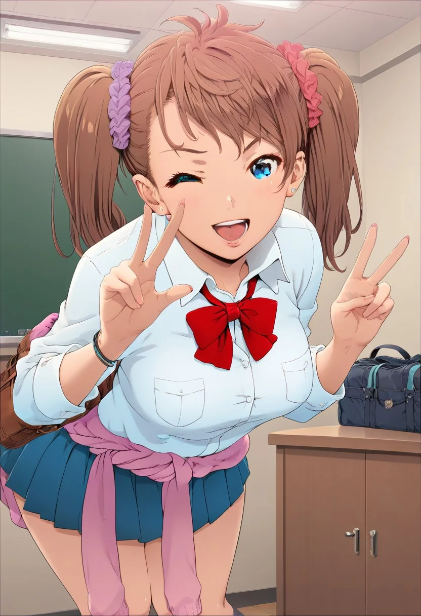 masterpiece,best quality, highly detailed, score_9, score_8_up, score_7_up, score_6_up, manga illustration,best quality,masterpiece, Master piece, illucinemic lighting, shinozuka_yuuji's style,1girl, brown hair, twintail, blue eyes, School uniform, red bowtie, hair ornament, clothes around waist, skirt, standing, leaning forward, wink, V, school room,