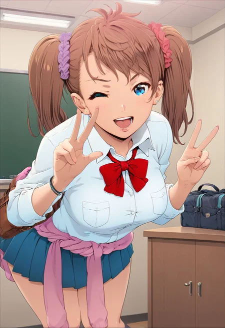 masterpiece,best quality, highly detailed, score_9, score_8_up, score_7_up, score_6_up, manga illustration,best quality,masterpiece, Master piece, illucinemic lighting, shinozuka_yuuji's style,1girl, brown hair, twintail, blue eyes, School uniform, red bowtie, hair ornament, clothes around waist, skirt, standing, leaning forward, wink, V, school room,