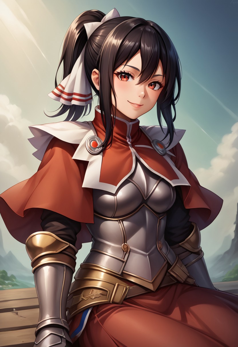 score_9, score_8_up, score_7_up, detailed, intricate details, chromatic aberration, realistic, veins source_anime, kuroinukaguya, , (best quality) , (highly detailed) ,((masterpiece)), ((best quality)), (ultra-detailed), ((extremely detailed)), (high resolution), 4K, (8K), best quality, (beautiful), (dynamic lighting), (super detailed skin), sharp focus, (1_girl, solo focus), score_9,score_8_up,score_7_up,anime coloring BREAK source_anime,anime, theresia (hortensia saga), Windy, Wind, Hair billowing in the Wind long hair, hair between eyes, black hair, red eyes, sidelocks,  , ponytail, hair ribbon, white ribbon, cuirras, armored boots, puffy sleeves, pantyhose, red capelet, fur collar, gauntlets, greaves, armored dress, turtleneck, , red skirt
Sitting, smiling, happy, grinning 
Face Focus, Upper Body detailed eyes、detailed face and detailed skin <lora:add-detail-xl:1.0>