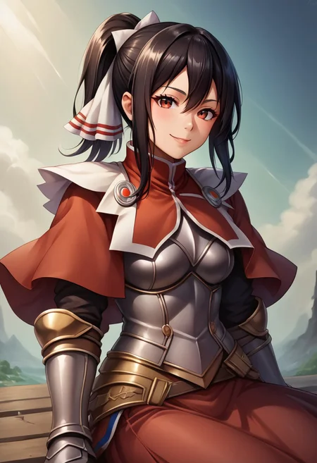 score_9, score_8_up, score_7_up, detailed, intricate details, chromatic aberration, realistic, veins source_anime, kuroinukaguya, , (best quality) , (highly detailed) ,((masterpiece)), ((best quality)), (ultra-detailed), ((extremely detailed)), (high resolution), 4K, (8K), best quality, (beautiful), (dynamic lighting), (super detailed skin), sharp focus, (1_girl, solo focus), score_9,score_8_up,score_7_up,anime coloring BREAK source_anime,anime, theresia (hortensia saga), Windy, Wind, Hair billowing in the Wind long hair, hair between eyes, black hair, red eyes, sidelocks,  , ponytail, hair ribbon, white ribbon, cuirras, armored boots, puffy sleeves, pantyhose, red capelet, fur collar, gauntlets, greaves, armored dress, turtleneck, , red skirt
Sitting, smiling, happy, grinning 
Face Focus, Upper Body detailed eyes、detailed face and detailed skin <lora:add-detail-xl:1.0>
