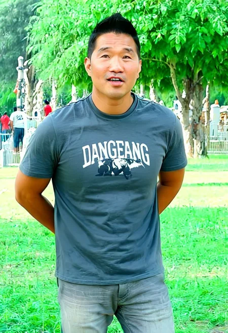 (((htkangface))), daddy, natural face expression, (((detailed HtKangface))), fixed htKangface Photorealistic, realistic, masterpiece, intricate details, detailed background, depth of field, photo of a handsome, dynamic pose, natural face expression, (((looking at viewer))), high detail, high quality, male focus, ((T-shirt)), ((pants)), ((park background))