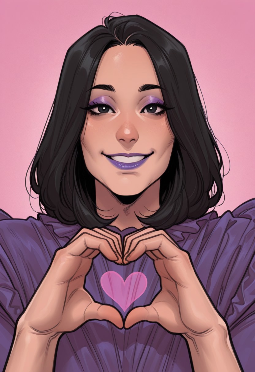 ashino, 1girl, solo, medium build, medium hair, sfw, safe for work, covered skin, flowy dress,  black eyes, purple lipgloss, smiling, portrait, upper body, heart hands, foreshortening