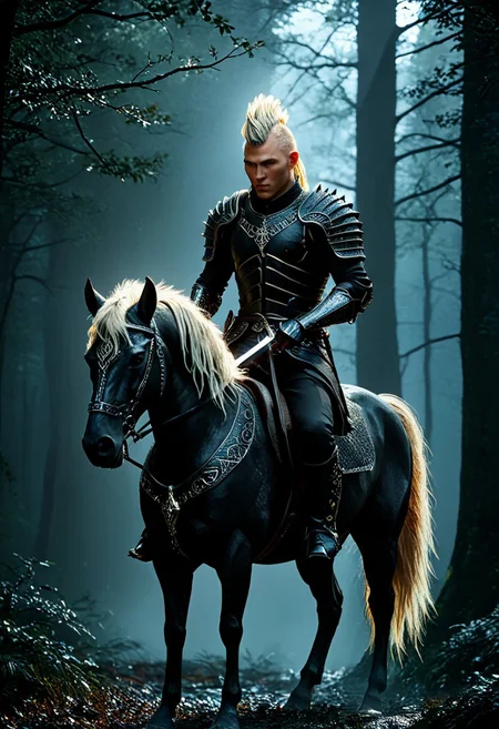 civitametapunkSDXL, detailed, textural, artistic, concept art, masterpiece, <lora:add-detail-xl:1>, great lighting, dark fantasy setting. glowing eyes, on a black evil horse, holding an evil longsword with glowing runes, riding in a dark evil forest, he is in a hurry, mohawk hairstyle shaved on the side, blonde hair and pale skin, dark armor,
horror, pure evil, dark fantasy theme, real, ultra-detailed, best quality,masterpiece, extremely detailed, dynamic, great lighting, perfect shading
, atmospheric, best quality, sharp focus, high contrast, stylized, dark, clear, surreal, ultra quality, 8k, best quality, masterpiece,
midjourneyv6.1